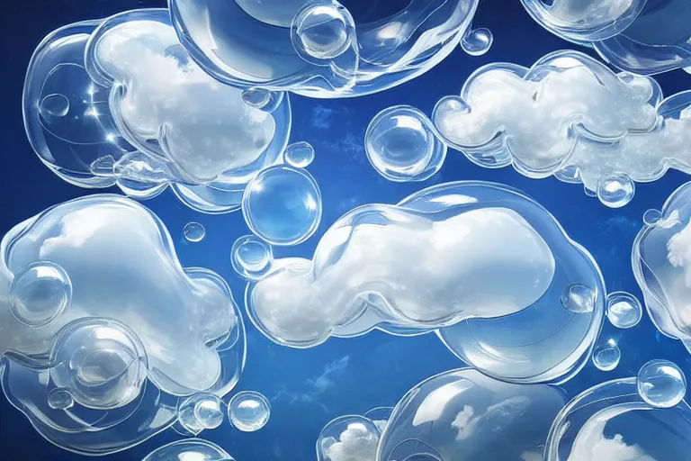 Prompt: a flock of many puffy glossy white transparent clouds tangled into large ornate twisting blobs of glass, abstract environment, bubbles, playful, award winning art, epic dreamlike fantasy landscape, ultra realistic,