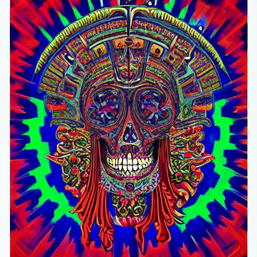 Image similar to a painting of a aztec skull with ornate ceremonial headdress, poster art by jeffrey smith, behance contest winner, psychedelic art, cosmic horror, anaglyph effect, mandelbulber fractal