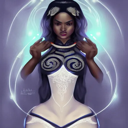 Image similar to full-length portrait pose of a beautiful black woman, dark blue patterned white gown, elf, casting glowing threads of magic, concept art, intricate, highly detailed, digital art, illustration, trending on artstation, art by Artgerm and Justin Ong