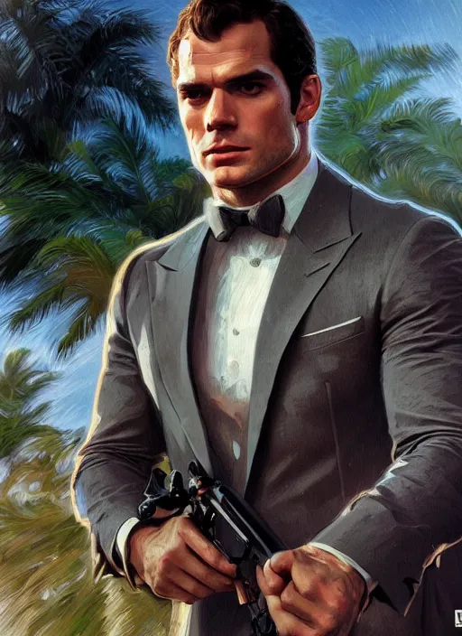 Prompt: portrait of henry cavill as james bond, key art, sprinting, palm trees, vintage aston martin, highly detailed, digital painting, artstation, concept art, cinematic lighting, sharp focus, illustration, by gaston bussiere alphonse mucha