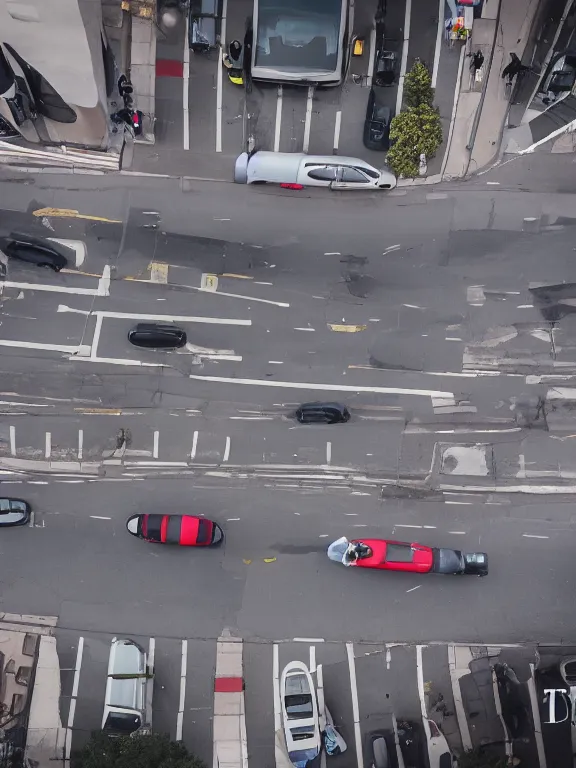 Prompt: traffic blocked by a giant boot. a giant foot stepping down onto the street and blocking cars. drone footage, award - winning photography, photojournalism