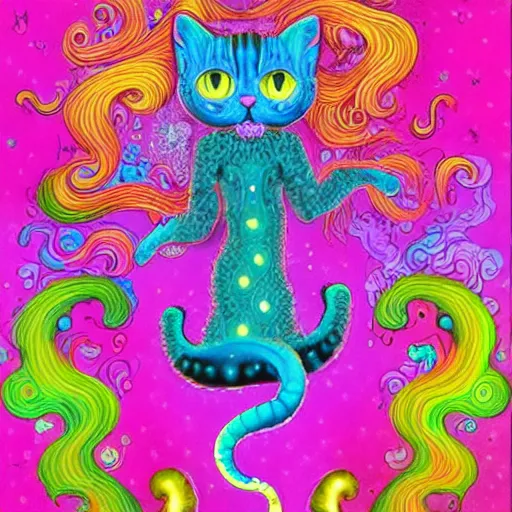 Prompt: cat seahorse shapeshifter, long haired humanoid fursona, detailed painterly digital art by lisa frank and louis wain, furaffinity, cgsociety, trending on artstation