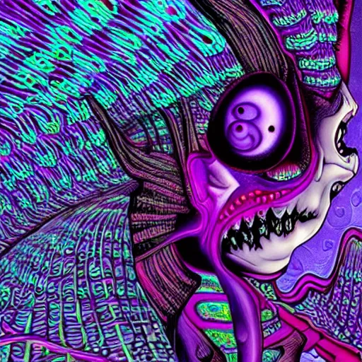 Prompt: closeup of an adorable cyber demoness, cute, eldritch woman abomination of unimaginable horror by alex grey and junji ito, speculative evolution, psychedelic illustration