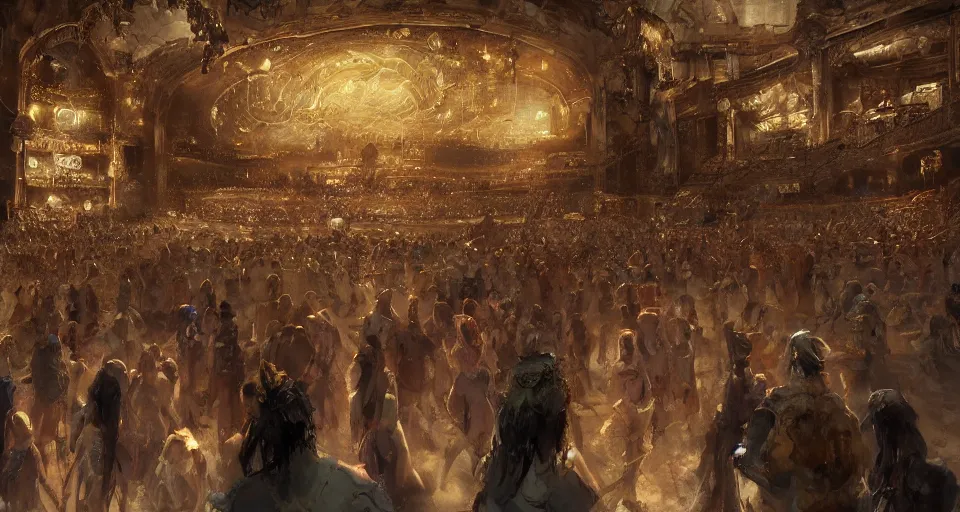 Image similar to craig mullins and ghibli digital art of inside the grand theater, many audience, on the stage, masked female violinists, exotic costumes, gold jewelry, black hair, solo performance unreal engine, hyper realism, realistic shading, cinematic composition, realistic render, octane render, detailed textures, photorealistic, wide shot