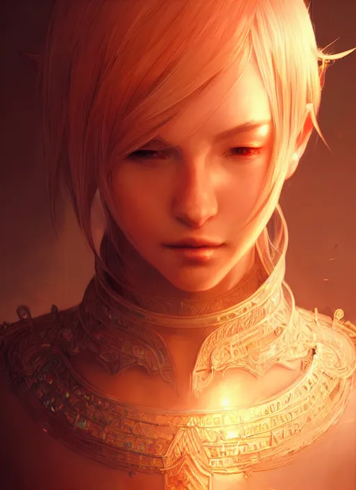 Image similar to portrait of final fantasy xiv, intricate, elegant, glowing lights, highly detailed, digital painting, artstation, concept art, smooth, sharp focus, illustration, art by wlop, mars ravelo and greg rutkowski