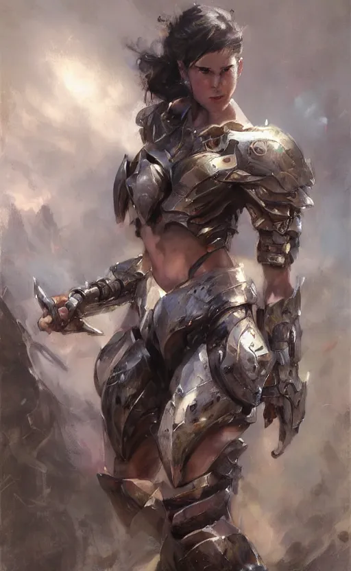 Image similar to muscular full armored girl by daniel gerhartz, trending on art station