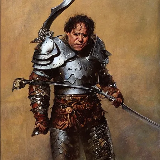 Image similar to portrait of danny devito wearing armor and holding sword by frank fazetta, fantasy, barbarian