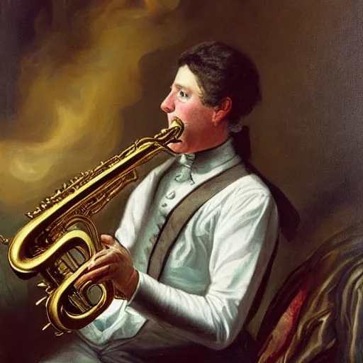 Prompt: Bill Clinton plays his saxophone while Washington D.C. burns, highly detailed, oil on canvas, 1883