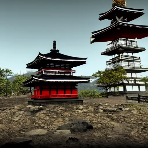 Prompt: chureito pagoda at mount fuji in ruins post - nuclear war in fallout 4, in game screenshot