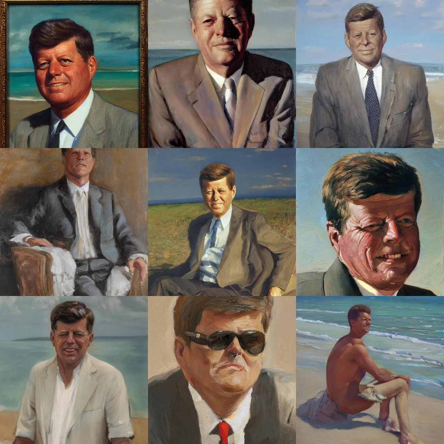 Prompt: long portrait of john f kennedy, old and retired on nantucket beach, oil on canvas by william sidney mount - 1 9 8 2, trending on artstation