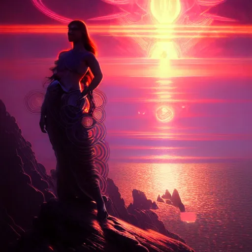 Image similar to tron angel in front of a psychedelic sunset, cliffside ocean scene, diffuse lighting, hyper realistic, elegant, intricate, hyper detailed, smooth, sharp focus, concept art, illustration, trending on artstation, art by artem demura, greg rutkowski, james gurney, and alphonse mucha