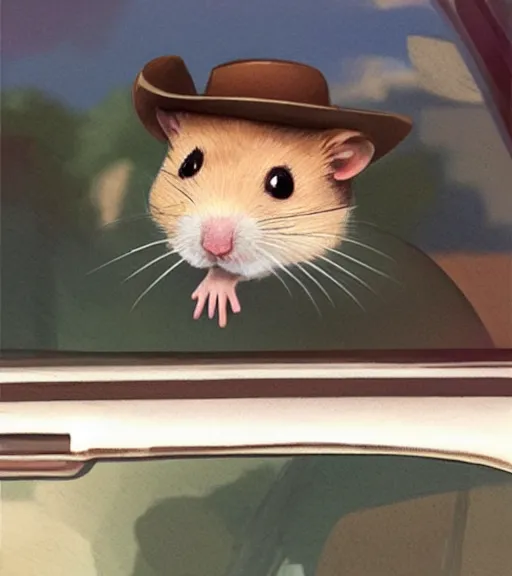 Prompt: a hamster wearing a cowboy hat looking out the driver's seat window of a hamster-sized pick-up truck. By Makoto Shinkai, Stanley Artgerm Lau, WLOP, Rossdraws, James Jean, Andrei Riabovitchev, Marc Simonetti, krenz cushart, Sakimichan, trending on ArtStation, digital art.