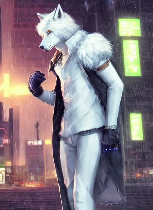 Image similar to character portrait of a male anthro white wolf fursona with a tail and a cute beautiful attractive furry face wearing stylish cyberpunk clothes in a cyberpunk city at night while it rains. hidari, color page, tankoban, 4K, tone mapping, Akihiko Yoshida.