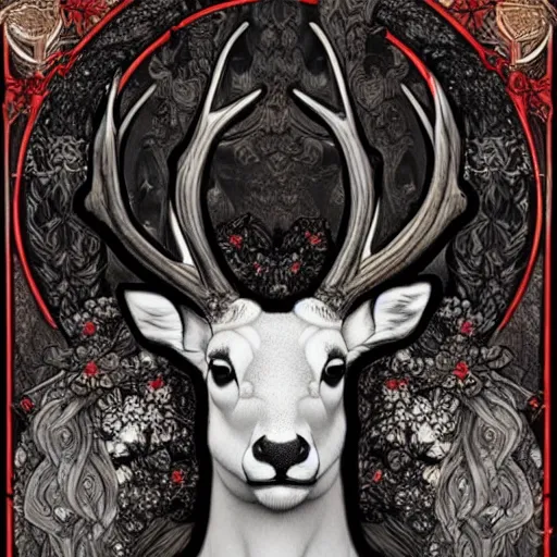 Image similar to black and white deer, with highly detailed with red flowers, long flowing mane and tail, ultra high detail, symmetry, in a hellscape, detail art style of alfons maria mucha, and peter mohrbacher atyles god lighting