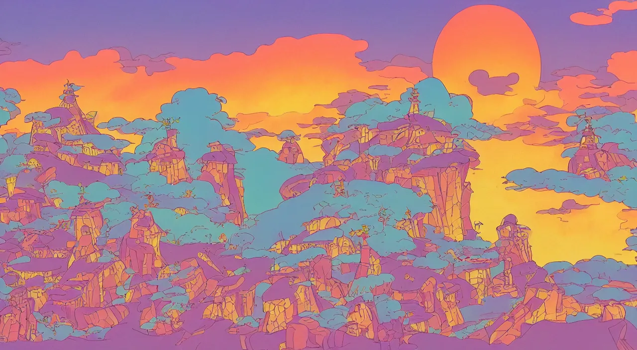 Prompt: Candyland at the sunset, by Studio Ghibli,