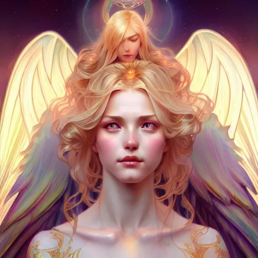 Image similar to Winged girl angel with blonde hair and glowing halo, iridescent, seraphim, fantasy, intricate, elegant, highly detailed, digital painting, artstation, concept art, smooth, sharp focus, illustration, art by Krenz Cushart and Wenqing Yan and Alphonse Mucha