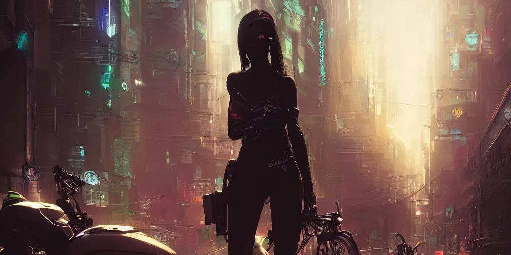 Image similar to portrait of a young beautiful cyberpunk woman on a motorbike driving away down the a street of a cyberpunk city neuromancer, megacity, gorgeous view, depth, high detail, digital art, painted by greg rutkowski & seb mckinnon, trending on artstation