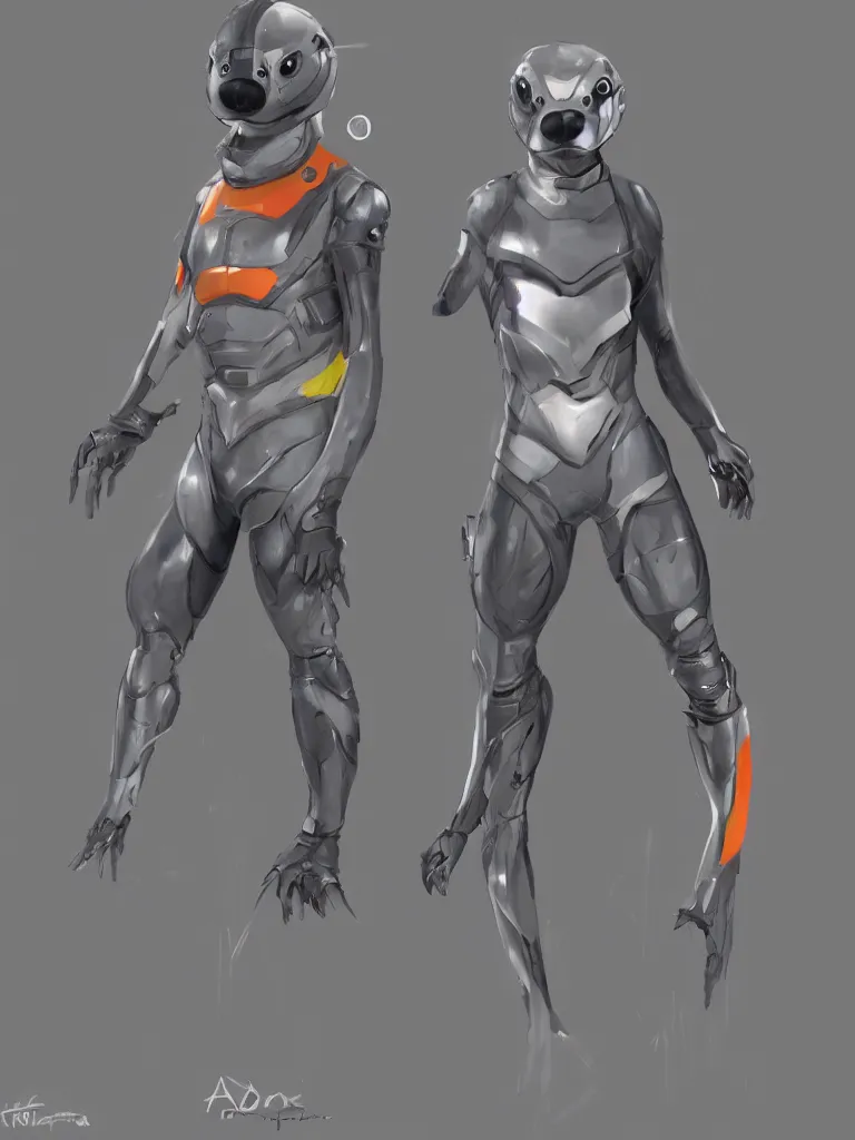 Prompt: grey anthropomorph otter wearing colorful futuristic skin tight rubber armor, artstation, realistic