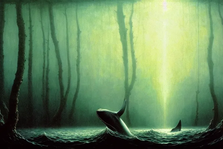 Prompt: whale swimming in forest, in the style of beksinski, intricate and epic composition, white by caravaggio, insanely quality, highly detailed, masterpiece, white light, artstation, 4 k