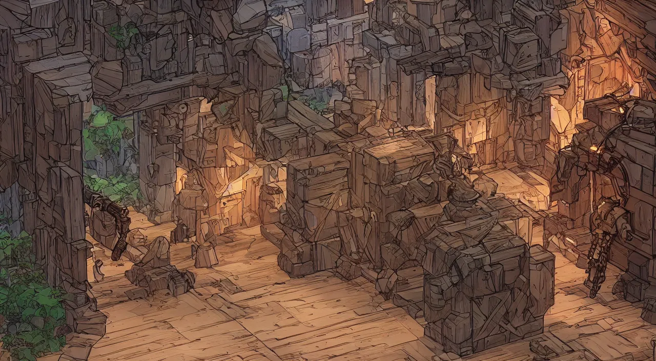 Image similar to wood wall fortress greeble block amazon jungle portal door unknow world global illumination ray tracing ambiant torch fornite that looks like it is from borderlands and by feng zhu and loish and laurie greasley, victo ngai, andreas rocha, john harris