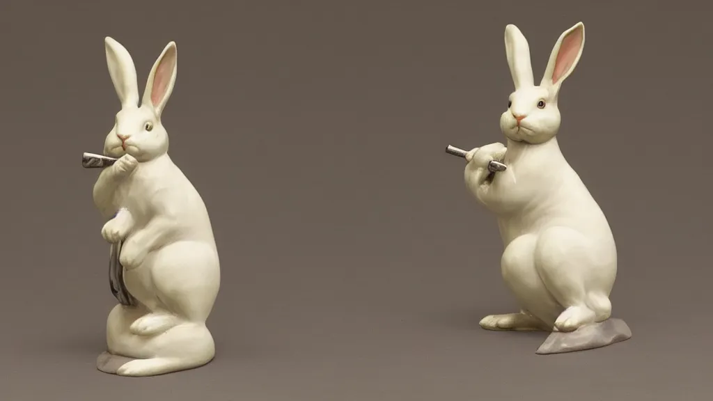 Image similar to a porcelain rabbit statue with a japanese kiseru pipe painted by john singer sargent