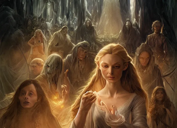 Image similar to a dramatic highly detailed render of the Galadriel and Gollum family, Middle-earth , by WLOP and Artgerm and Greg Rutkowski and Alphonse Mucha, Beautiful dynamic dramatic dark moody lighting, shadows, cinematic atmosphere, Artstation, Octane render, 8K, masterpiece, sharp focus, hyperrealistic, photograph