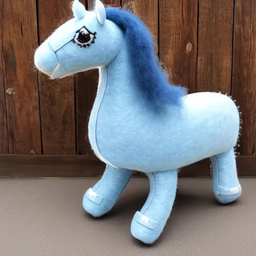 Image similar to a beautiful realistic felt plush horse in dusty blue with ornate detailed embroidery decoration