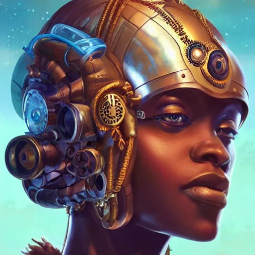 Image similar to african steampunk alchemist, science fiction, highly detailed, digital painting, beautiful eyes, symmetry, concept art, sharp focus, illustration, global illumination, radiant light, detailed and intricate environment, art by artgerm and greg rutkowski and magali villeneuve and ilya kuvshinov!