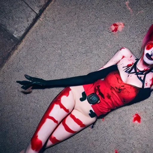 Image similar to a criminal photography taken of a dead harley quinn from suicide squad laying on the ground, blood is pooling under her, at night, super realistic.