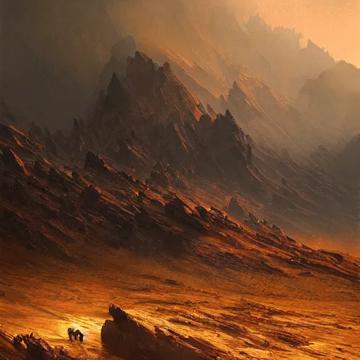 Prompt: a vast, black, rocky, desolate mountain range, mysterious atmospheric lighting, painted, intricate, volumetric lighting, rich deep colours masterpiece, golden hour, sharp focus, ultra detailed, few towns lie at the foot of the mountain range, by ruan jia and greg rutkowski