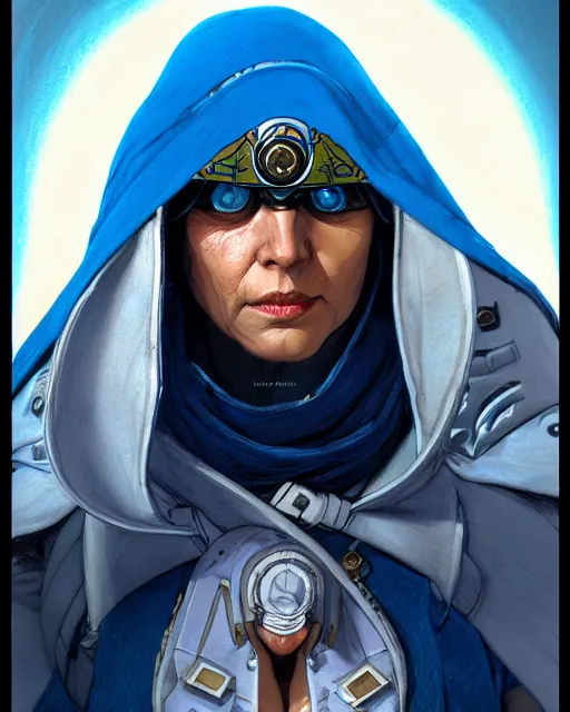 Prompt: ana from overwatch, eye patch, white hair, hooded blue cloak, older egyptian woman, character portrait, portrait, close up, concept art, intricate details, highly detailed, vintage sci - fi poster, in the style of chris foss, rodger dean, moebius, michael whelan, and gustave dore