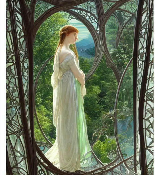 Image similar to intricate oil painting of a young elf woman wearing white and light green, looking out at the sunrise over rivendell from her art nouveau balcony, elegant, digital painting, smooth, sharp focus, illustration, ultra realistic, 8 k, by bouguereau, alphonse mucha, artgerm, and donato giancola