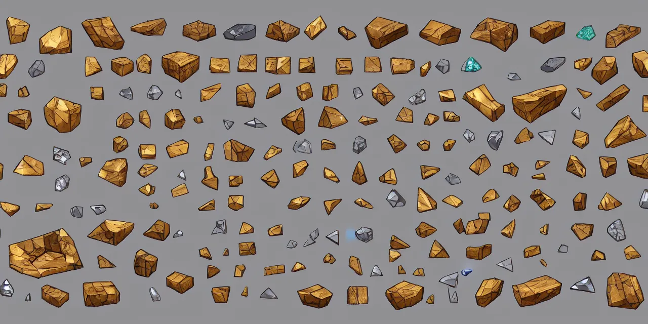 Prompt: game asset sheet, 2 d sprite, ore chunks, lumber wood, gold chunks, silver, gems, crystals, stone