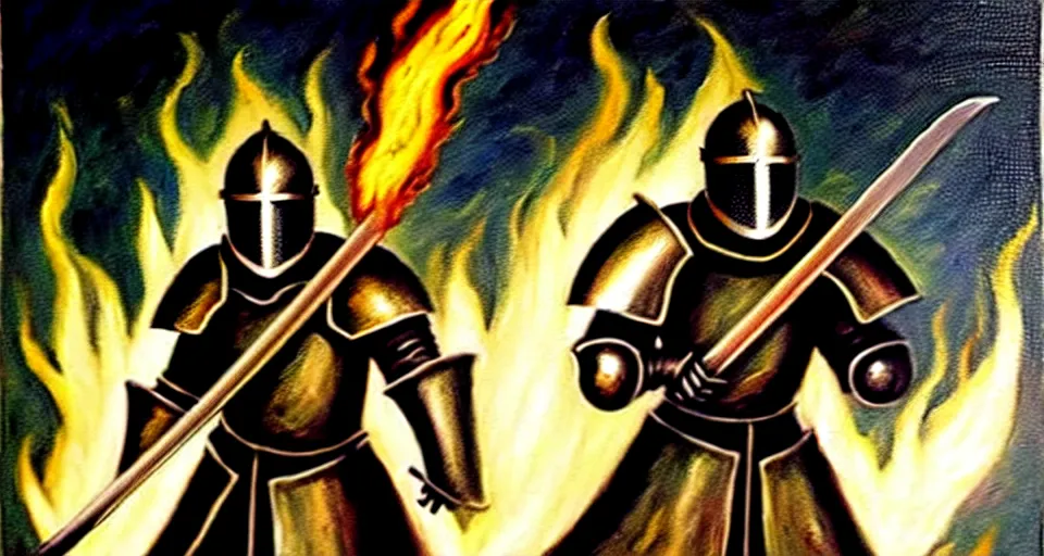 Image similar to An oil painting of a knight in dark metal armor wielding a flaming sword