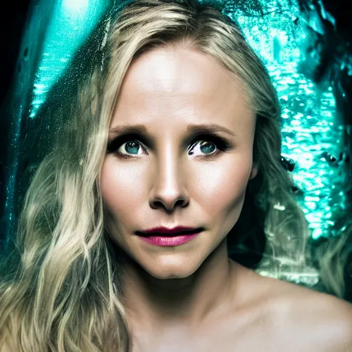 Image similar to Kristen Bell as a mermaid, grungy, unkept hair, glowing eyes, modelsociety, wet from rain, radiant skin, huge anime eyes, bright on black, dramatic, studio lighting, perfect face, intricate, Sony a7R IV, symmetric balance, polarizing filter, Photolab, Lightroom, 4K, Dolby Vision, Photography Award