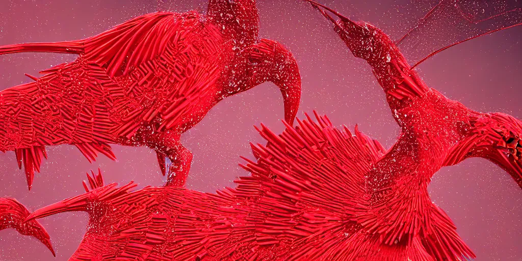 Prompt: irregular fractals of large scarlet ibis, segmented broken glass shards, motion blur, distortion