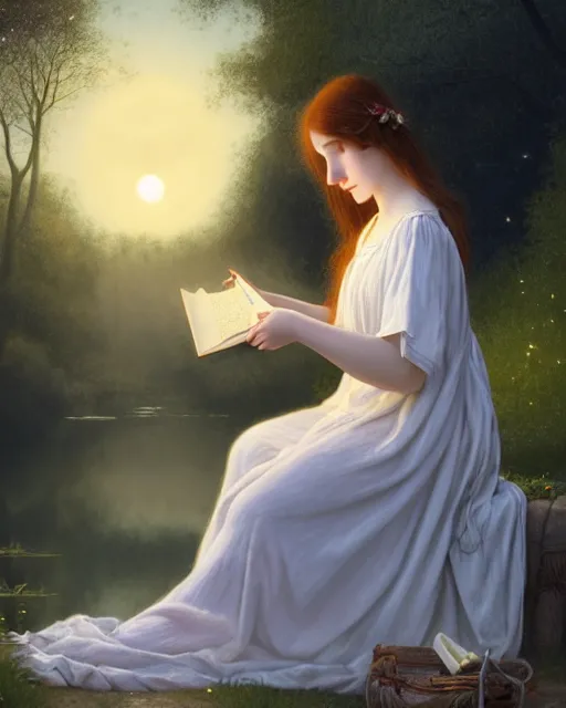 Prompt: a girl in white nightgown reading a book by the river, a full moon on the horizon, dark starry sky, golden orbs and fireflies, illustration, dramatic lighting, art nouveau, highly detailed face, 8 k, hd, by edmund blair leighton, brom, charlie bowater, trending on artstation, tom bagshaw