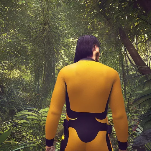 Image similar to « a person wearing yellow hazma suit, in a dark jungle, photorealistic, unreal engine 5, full body portrait, back view »