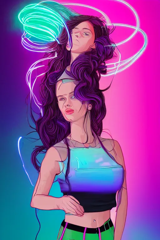 Image similar to a award winning half body portrait of a beautiful woman in a croptop and cargo pants with ombre purple pink teal hairstyle and hands in pockets by ari liloan, surrounded by whirling illuminated lines, outrun, vaporware, shaded flat illustration, digital art, trending on artstation, highly detailed, fine detail, intricate