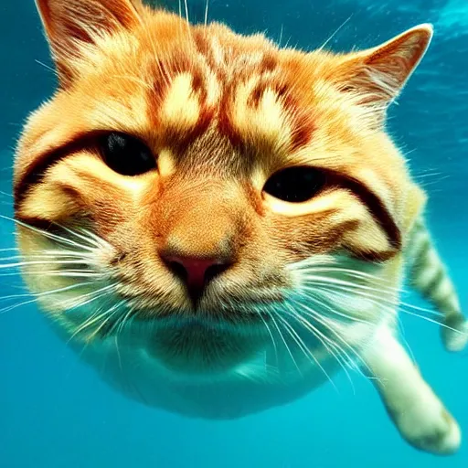 Image similar to high quality underwater photo of a cat scuba diver, wearing norkel mask!!