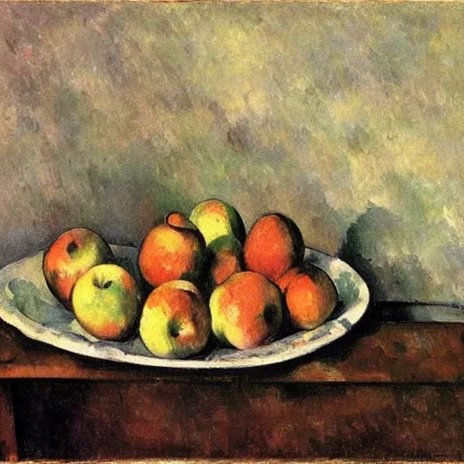 Prompt: a basket of red and green apples on a wooden table, oil painting by paul cezanne