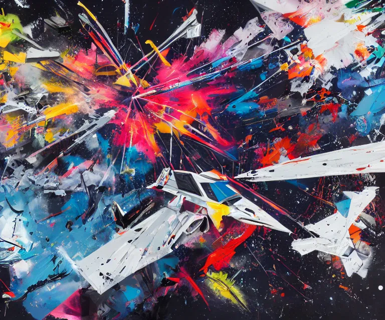 Image similar to acrylic and spraypaint action portrait of origami x - wings battling in space, explosions, graffiti wildstyle, large brush strokes, painting, saturn, paint drips, acrylic, clear shapes, spraypaint, smeared flowers large triangular shapes, painting by ashley wood, totem 2, jeremy mann, masterpiece