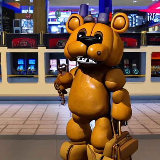 Image similar to Freddy Fazbear in a mall holding multiple bags, photorealistic, low-angle, 3D, 8K, as coherent as Dall-E 2