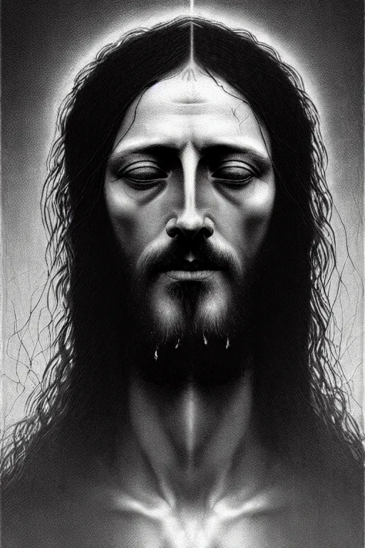 Prompt: jesus portrait, in the style of beksinski, solarpunk, atmospheric, clean, intricate and epic composition, gray by caravaggio, insanely quality, highly detailed, masterpiece, white light, artstation, 4 k