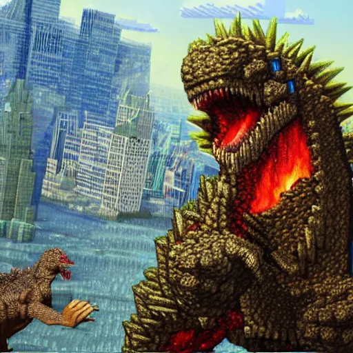 Image similar to a hyper-realistic studio oil-painting of a giant Godzilla destroying new-york in minecraft!!!!!; hyper-detailed; an extraordinary masterpiece!!!; flawless; trending on artstation