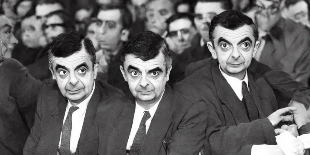 Prompt: Mr Bean (Rowan Atkinson) at the Nuremberg trials 1945, black and white photograph