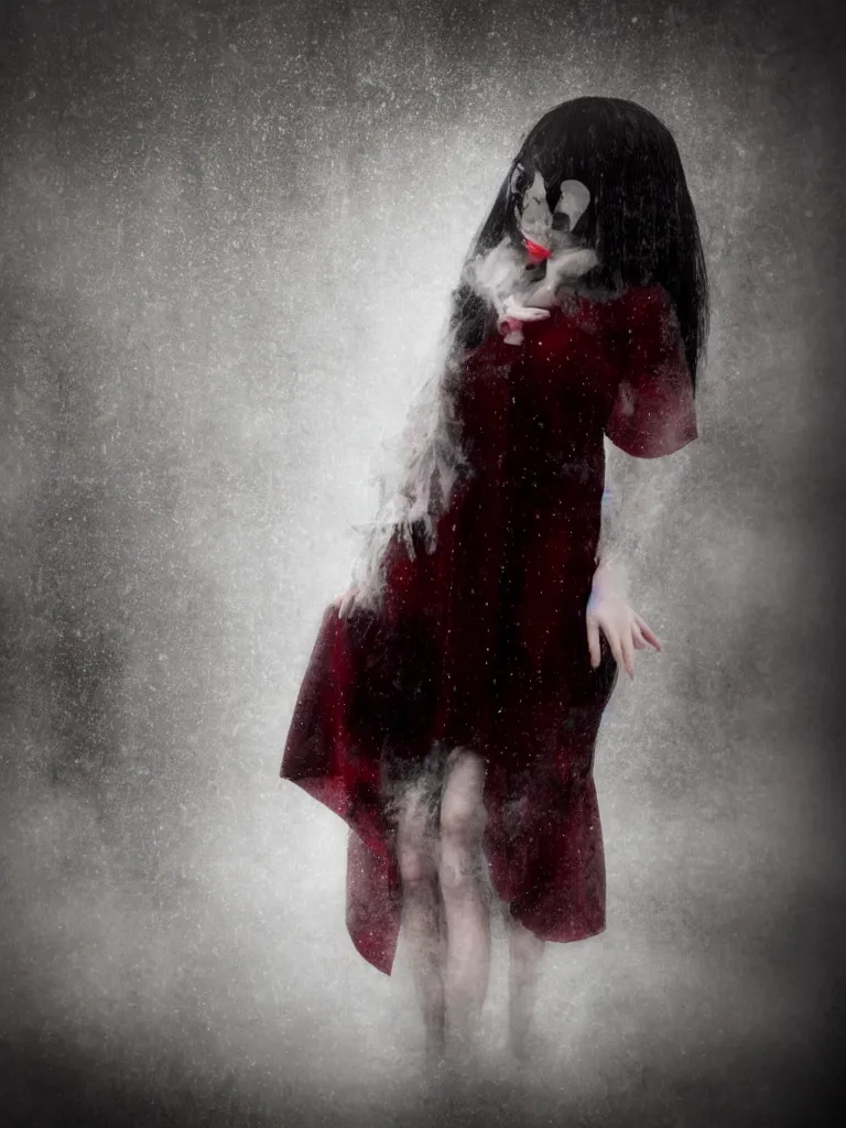 Prompt: cute drooping ectoplasmic fumo plush gothic maiden ghost apparition girl, in the lobby of a flooded abandoned hotel where it rains inside, volumetric fog, melting black and red dress, vignette, bokeh