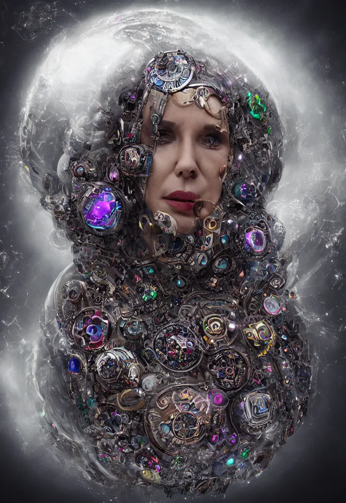 Prompt: mirtha legrand is last human alive un the planet. intricate jewelry. centered. digital art. hyperrealistic, hyperdetailed. apocaliptic. foggy. cyber punk 4 k octane render