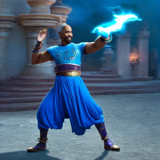 Image similar to will smith as the genie from alladin with a pistol, photo realistic, 8 k, detailed, will smith, alladin