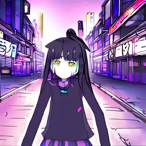 Prompt: cute anime girl in a cyberpunk city. edgy. cringe. trending on deviantart. fanart. ship. low quality. mspaint. oc.